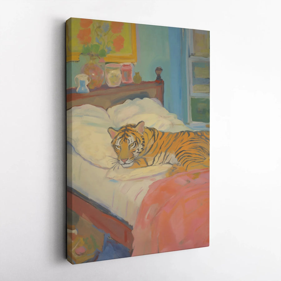 Tiger Sleeping On Bed Canvas Art | Whimsical Animal Bedroom Painting | Premium Gallery Wrap Print | Unique Wildlife Decor Gift For Animal Lovers