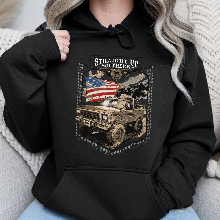 Southern Truck Hoodie | Distressed American Flag Graphic | Premium Cotton-Blend Sweatshirt | Gift for Southern Patriots & Off-Roading Fans