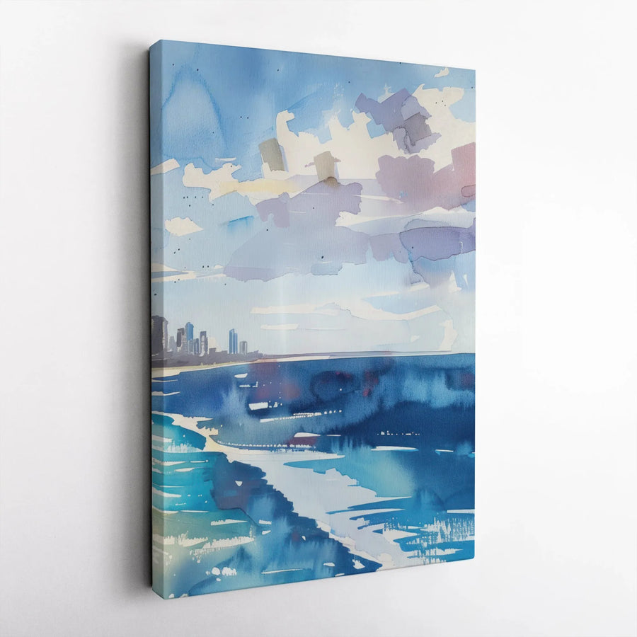 Coastal City Skyline Canvas Print | Abstract Watercolor Ocean Beach Scene | Premium 1.25-Inch Gallery Wrap | Modern Home Decor Wall Art Gift
