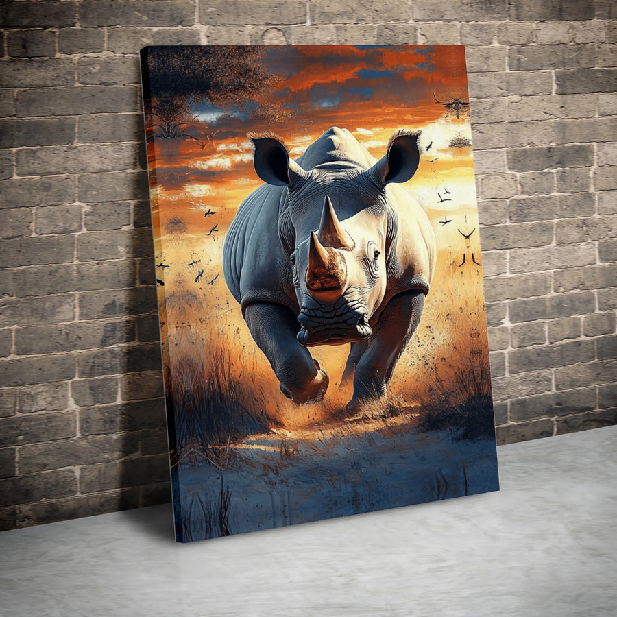 Charging Rhino Canvas Wall Art | Dramatic African Savanna Sunset | Premium Fade-Resistant Gallery Print | Wildlife Home Decor Gift