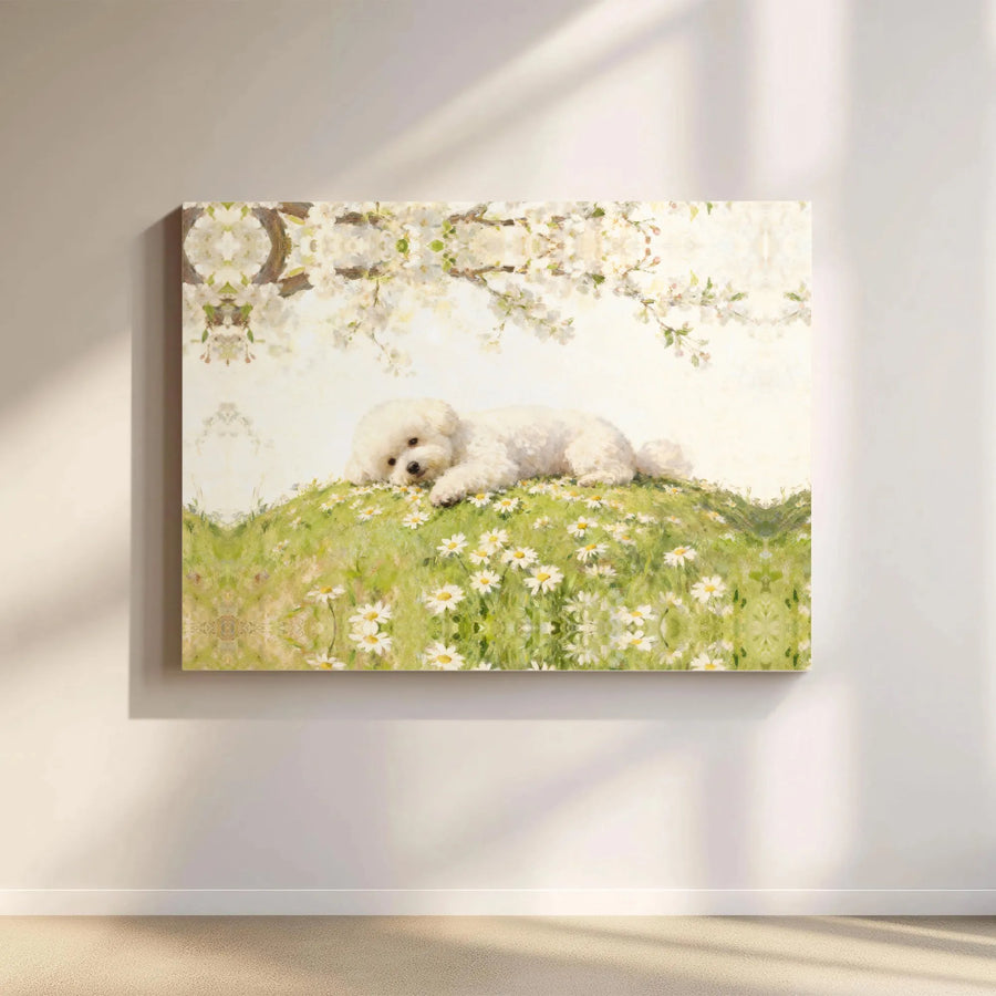 Bichon Frise Canvas Wall Art | Puppy in Daisy Meadow Painting | Premium Gallery Print | Gift for Dog Lover, Nursery Home Decor