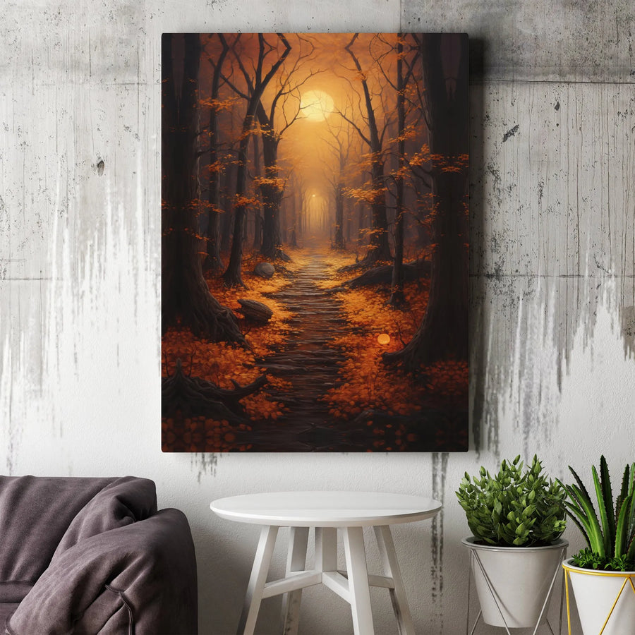 Autumn Forest Path Canvas Print | Mystical Glowing Woods Wall Art | Gallery Quality 1.25 Inch Profile | Seasonal Nature Home Decor Gift