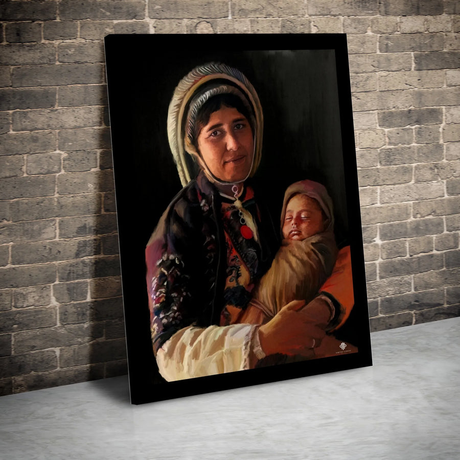 Cultural Mother and Child Canvas Art | Realistic Oil Painting Style Portrait | Premium Gallery Quality Print | Collector's Home Decor Gift