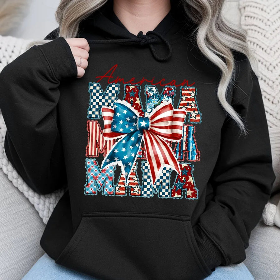 American Mama Hoodie | Red White Blue Coquette Bow Graphic | Soft Cotton Blend | 4th of July Gift for Mom
