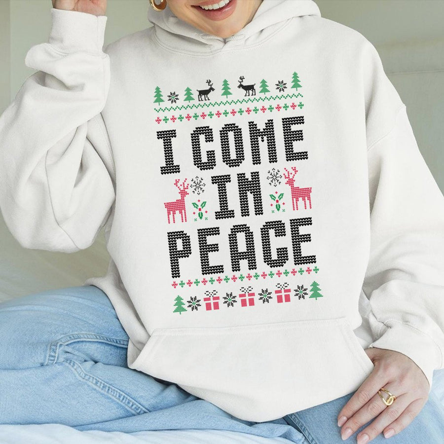 I Come In Peace Hoodie | Funny Ugly Christmas Sweater Style Design | Premium Cotton Blend | Unisex Holiday Gift for Couples