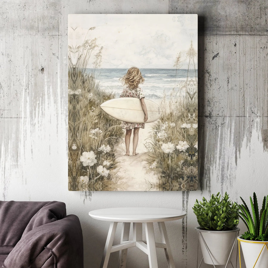 Beach Girl With Surfboard Wall Art | Coastal Watercolor Painting | Premium Gallery Wrap Canvas | Serene Ocean Decor Gift for Surfer