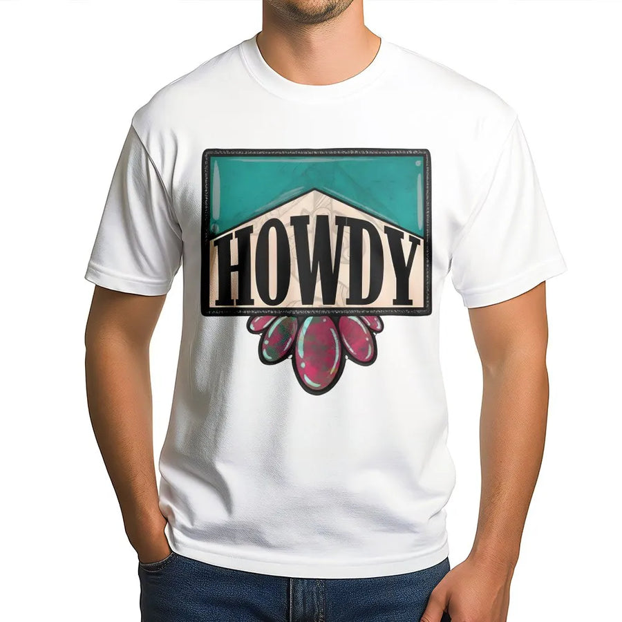 Howdy Western Graphic T-Shirt | Retro Cowboy Turquoise Jewel Design | Premium Cotton Comfort Tee | Trendy Country Music Festival Gift for Women