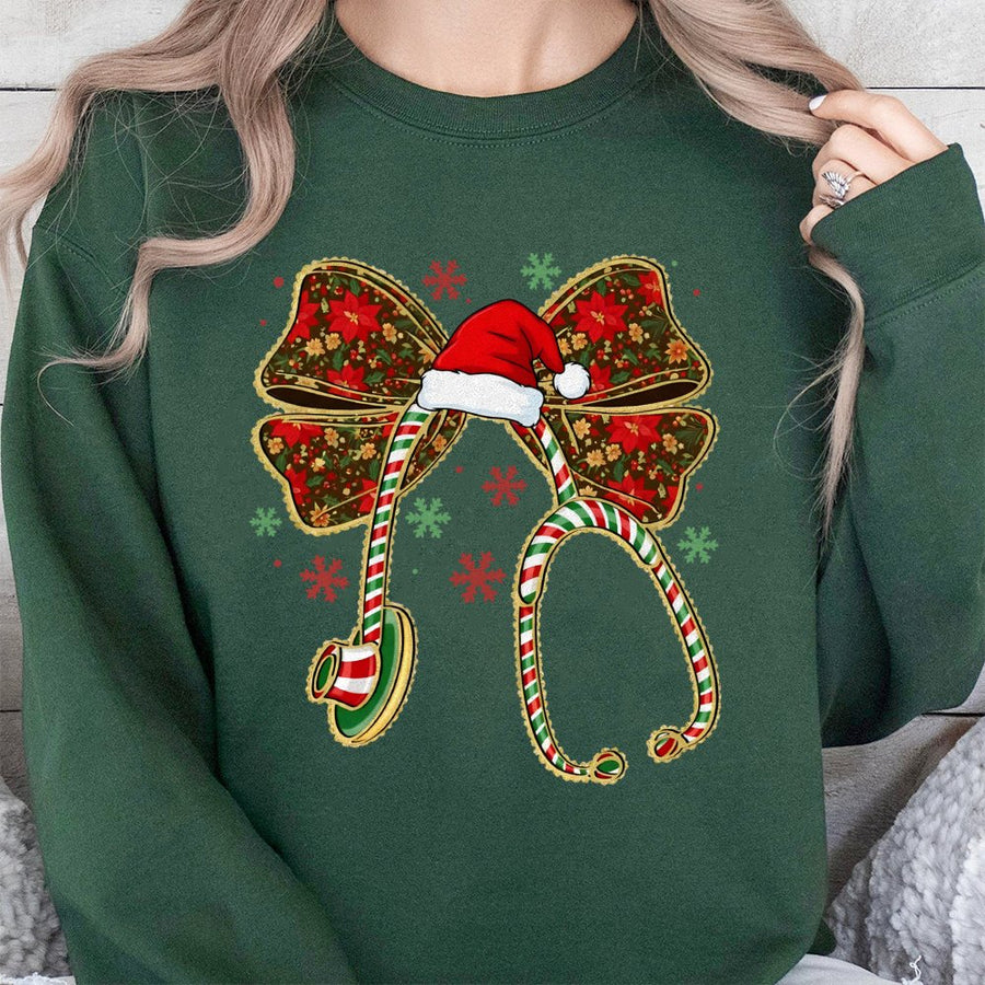 Christmas Nurse Sweatshirt | Coquette Bow Stethoscope Graphic | Soft Cotton Blend Crewneck | Holiday Nursing Student Gift