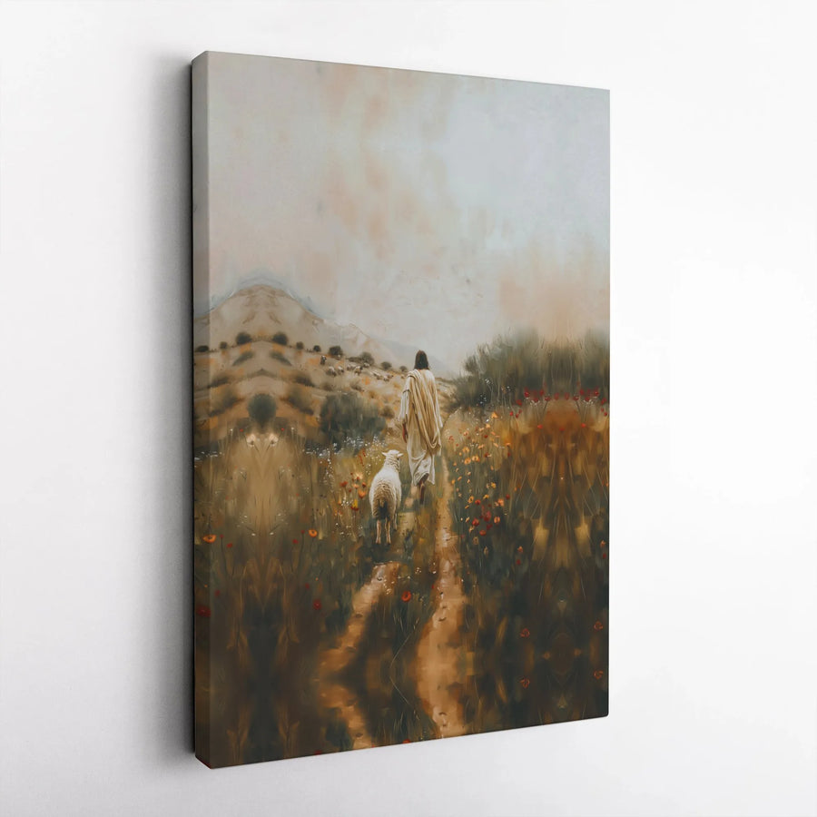 Jesus Good Shepherd Canvas Print | Pastoral Lamb in Wildflower Field | Gallery-Quality 1.25 Inch Profile | Christian Home Decor Wall Art Gift
