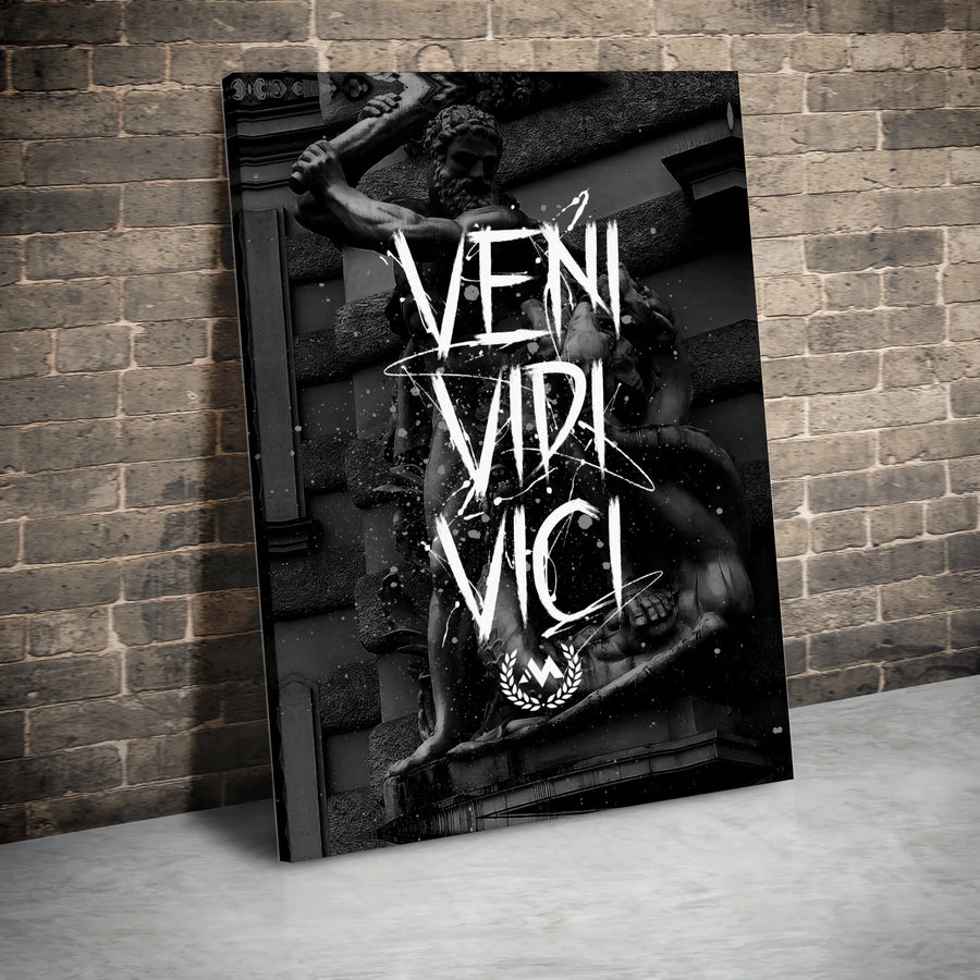 Veni Vidi Vici Canvas Wall Art | Motivational Latin Quote Print | Premium Hercules Statue Artwork | Stoic Gym Decor Gift for Men