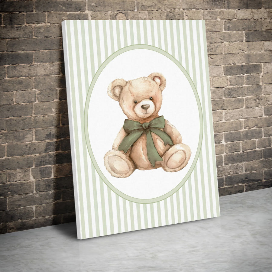Watercolor Teddy Bear Wall Art | Cute Sage Green Bow Nursery Decor | Premium Gallery Wrap Canvas | Gift for Baby Shower or Kid Room