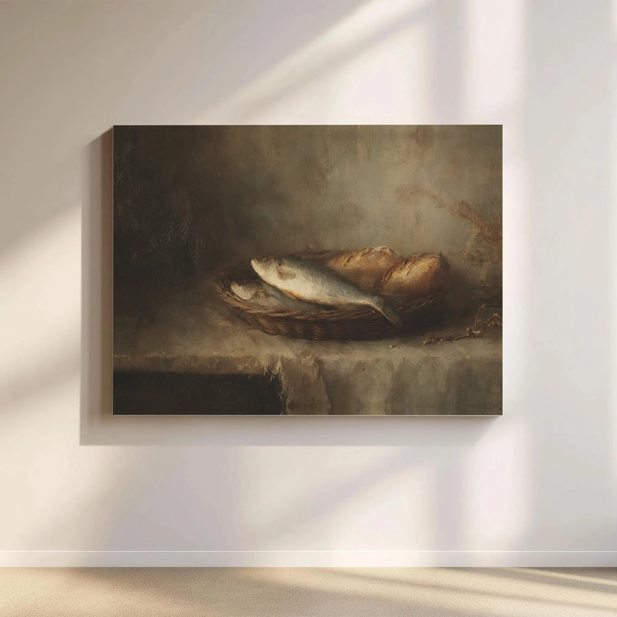 Still Life Oil Painting Canvas | Vintage Fish and Bread Kitchen Wall Art | Premium Gallery Wrapped Print | Rustic Farmhouse Home Decor Gift