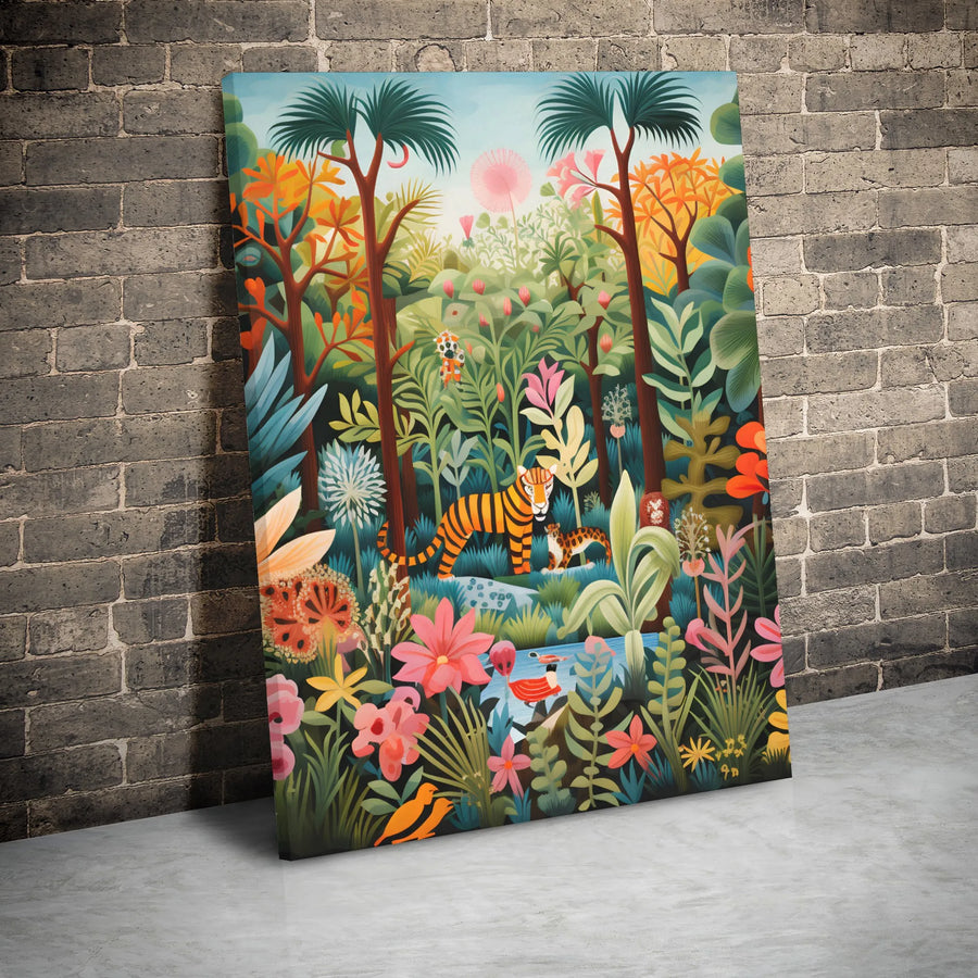 Jungle Tiger Canvas Print | Vibrant Tropical Botanical Wall Art | 1.25" Premium Gallery Wrap | Modern Home Decor Gift for Animal Lovers