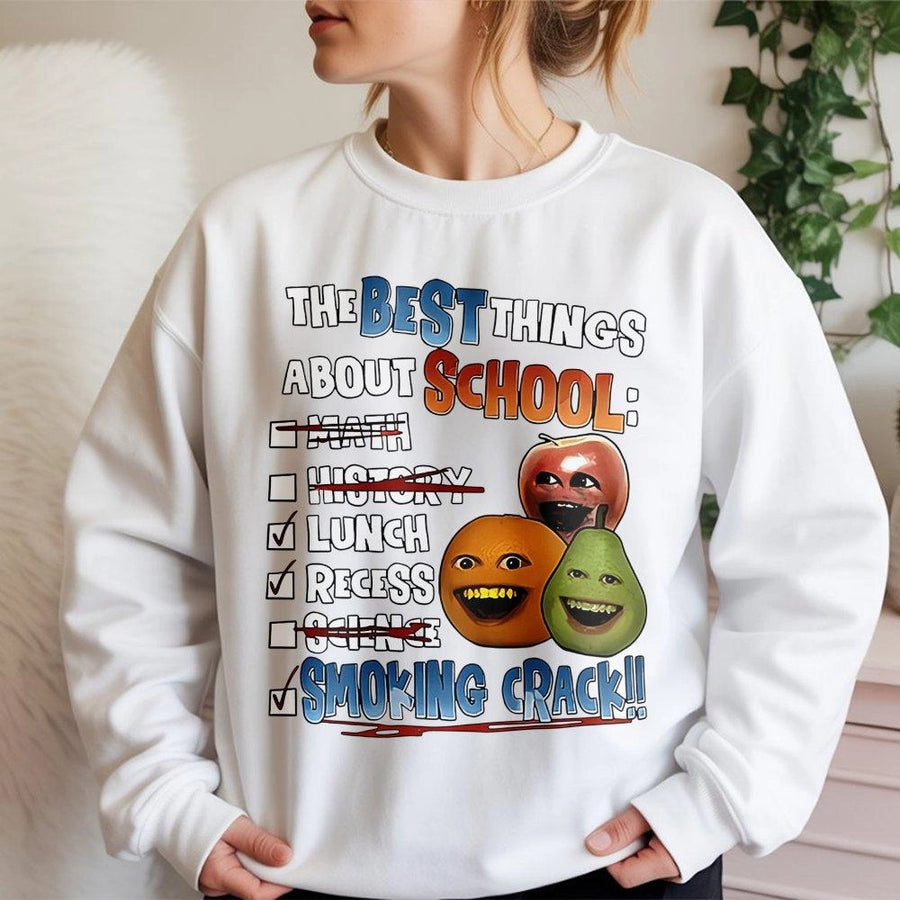 Funny School Humor Sweatshirt | Retro Fruit Character Graphic Print | Premium Cotton Blend | Sarcastic Back to School Gift for Students