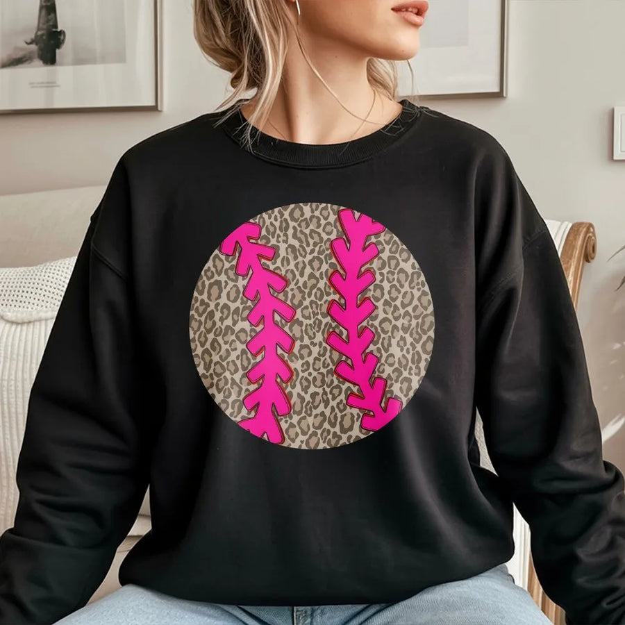 Leopard Print Baseball Sweatshirt | Cute Cheetah Ball Graphic with Pink Stitching | Premium Soft Cotton Blend | Game Day Gift for Mom
