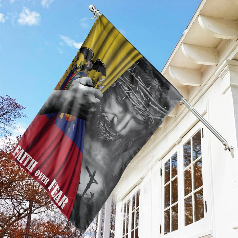 Ecuadorian Flag with Jesus Faith Over Fear | Christian Religious Home Decor | Premium Weather-Resistant Polyester | Patriotic Gift for Ecuadorians
