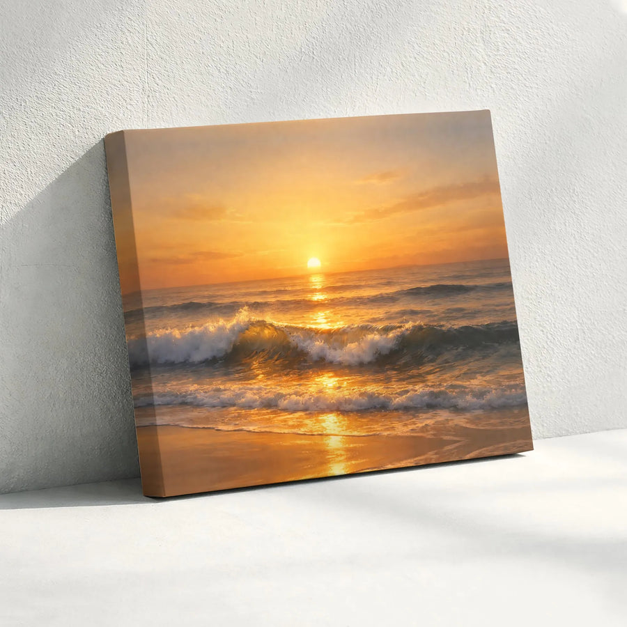 Ocean Sunset Canvas Wall Art | Realistic Seascape Painting | Premium Gallery Wrapped Canvas | Living Room & Bedroom Decor Gift