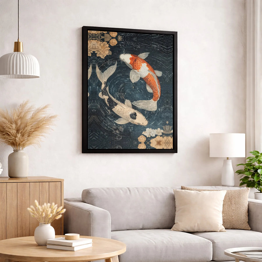 Japanese Koi Fish Canvas Print | Yin Yang Floral Water Art | Gallery-Wrapped Premium Decor | Zen Home Office Wall Art Gift