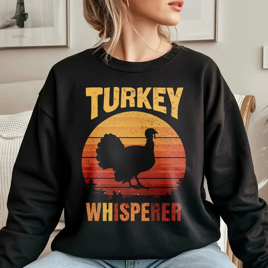 Turkey Whisperer Sweatshirt | Retro Sunset Turkey Hunter Design | Premium Cotton Blend | Funny Hunting Season Gift for Dad, Outdoor Apparel