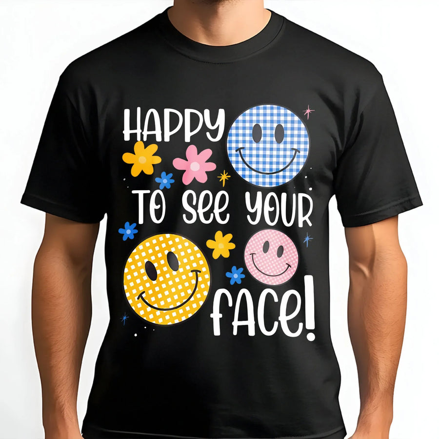 Happy To See Your Face Smiley T-Shirt | Retro Gingham Aesthetic Graphic | Premium 100% Cotton Tee | Cute Positive Vibes Gift For Her & Him