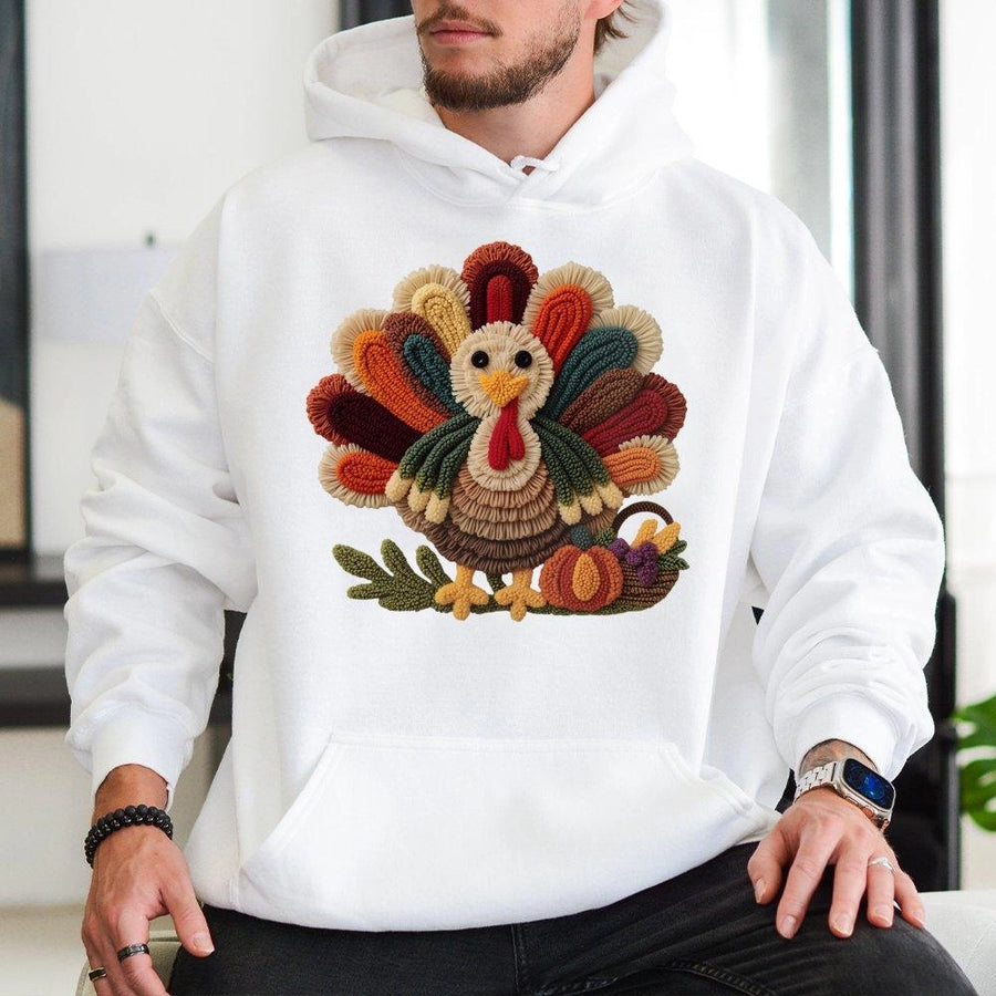 Thanksgiving Turkey Hoodie | Textured Yarn Art Style Graphic | Premium Cotton Blend Pullover | Festive Fall Apparel Gift for Women & Men