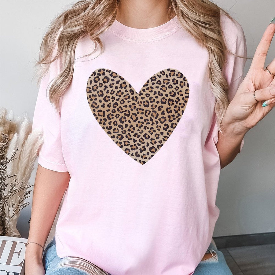 Leopard Heart T-Shirt | Animal Print Graphic Tee | 100% Cotton Premium Quality | Romantic Valentine Day Gift for Women