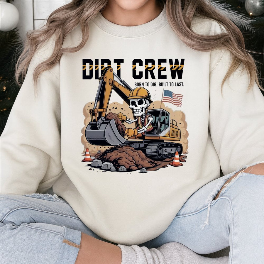 Dirt Crew Excavator Sweatshirt | Funny Skeleton Construction Operator Design | Premium Cotton-Poly Blend | Gift for Heavy Equipment Operators