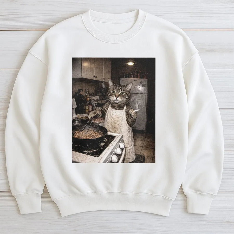 Funny Cat Meme Sweatshirt | Retro Cooking Cat Graphic | Soft Unisex Crewneck | Gift for Cat Lovers and Meme Fans