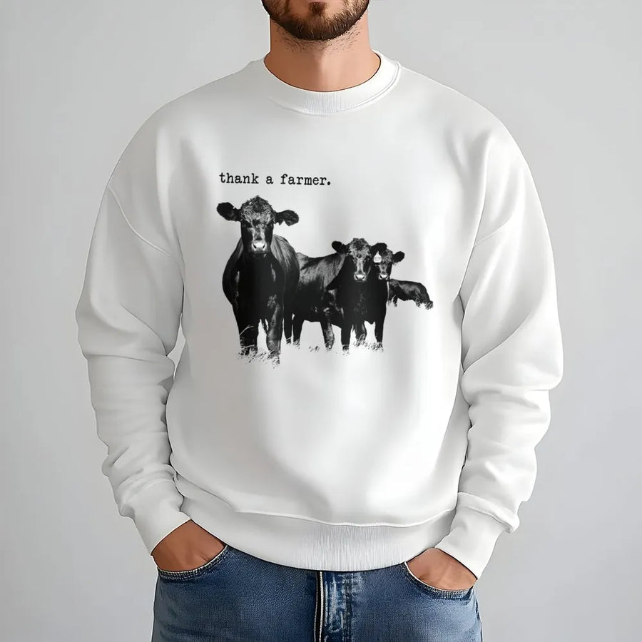 Thank A Farmer Sweatshirt | Western Cattle Cow Graphic Print | Premium Cotton Blend Crewneck | Farm Life Apparel Gift For Ranchers & Country Lovers