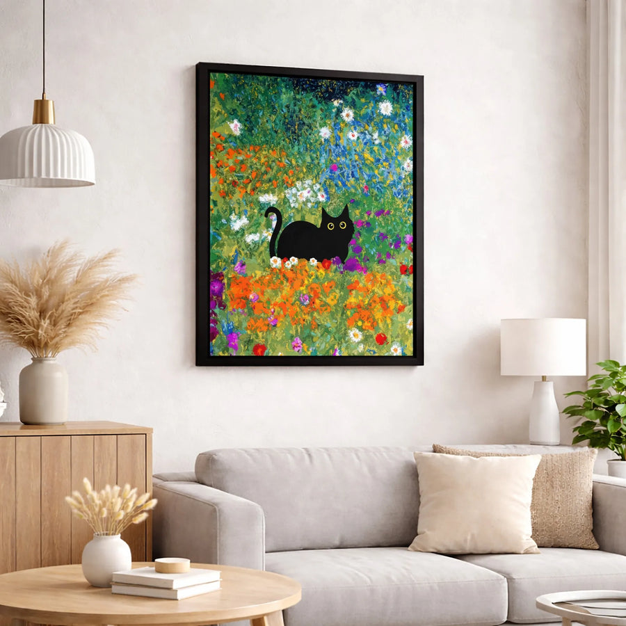 Black Cat Wall Art | Impressionist Flower Garden Canvas Print | 1.25" Gallery Wrapped Premium Quality | Whimsical Home Decor Gift for Cat Lovers