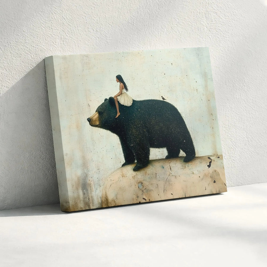 Girl Riding Black Bear Canvas Art | Whimsical Forest Fantasy Wall Decor | Premium 1.25-Inch Gallery Wrap | Surreal Wildlife Fine Art Gift