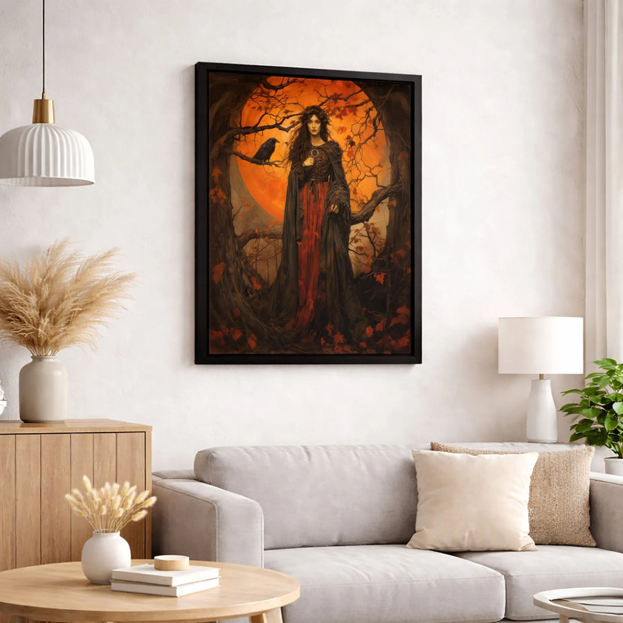 Gothic Witch Canvas Wall Art | Raven and Orange Harvest Moon Design | Premium Gallery-Wrapped Print | Dark Academia Witchy Home Decor Gift