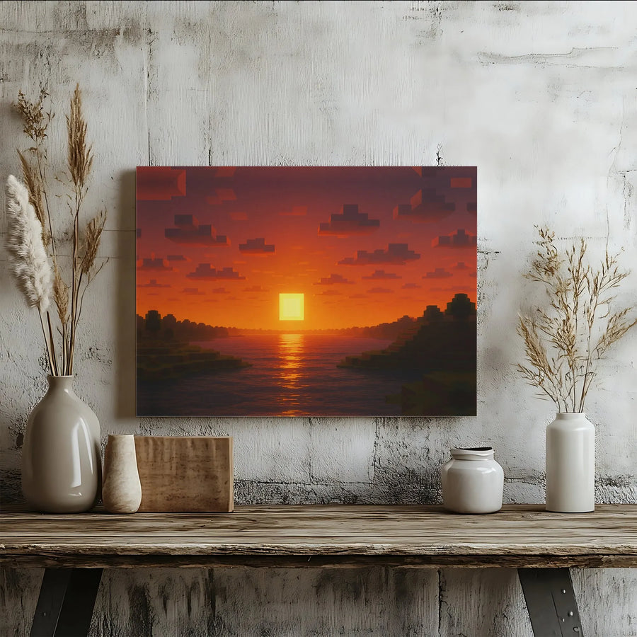 Pixel Art Sunset Canvas Wall Art | Blocky Aesthetic Gaming Decor | Premium Fade-Resistant Print | Gift for Gamers Room