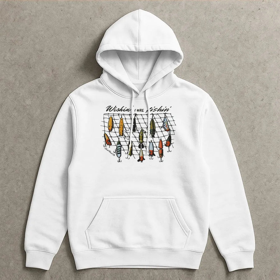 Fishing Hoodie for Men & Women | Vintage Fishing Lures Graphic 'Wishin I Was Fishin' | Premium Cotton-Blend Sweatshirt | Gift for Anglers