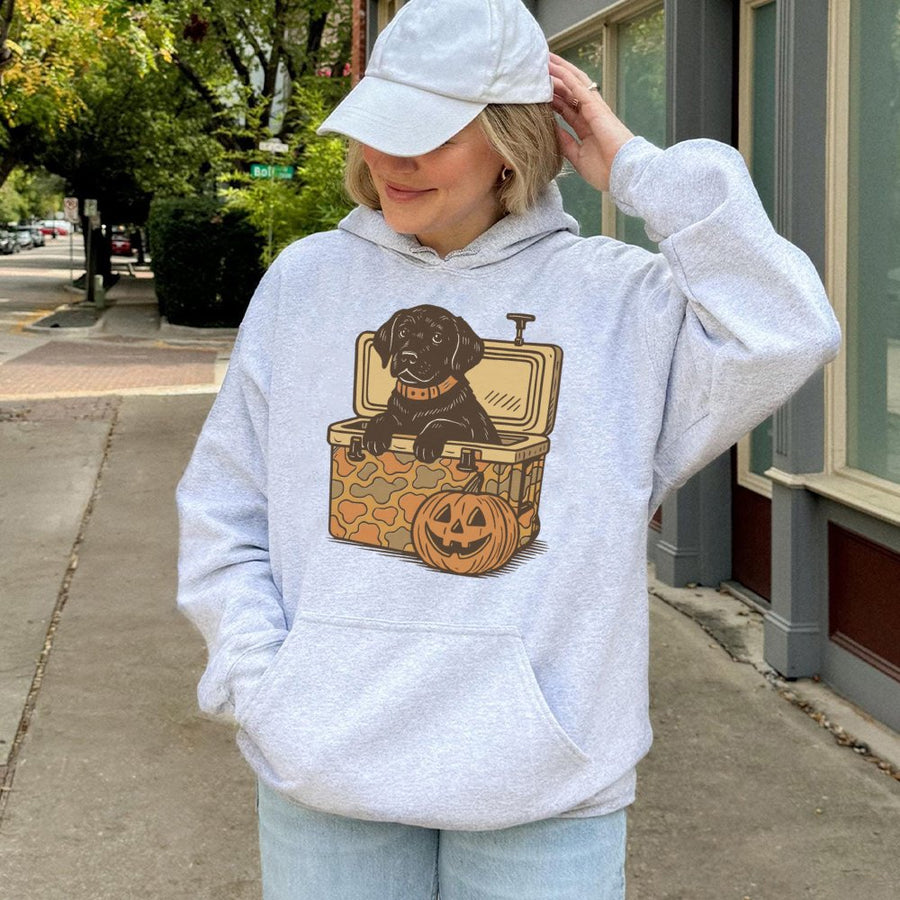 Black Lab Hoodie | Cute Camo Cooler Design with Pumpkin | Premium Cotton Blend Pullover | Halloween Dog Lover Gift for Hunter or Outdoor Fan
