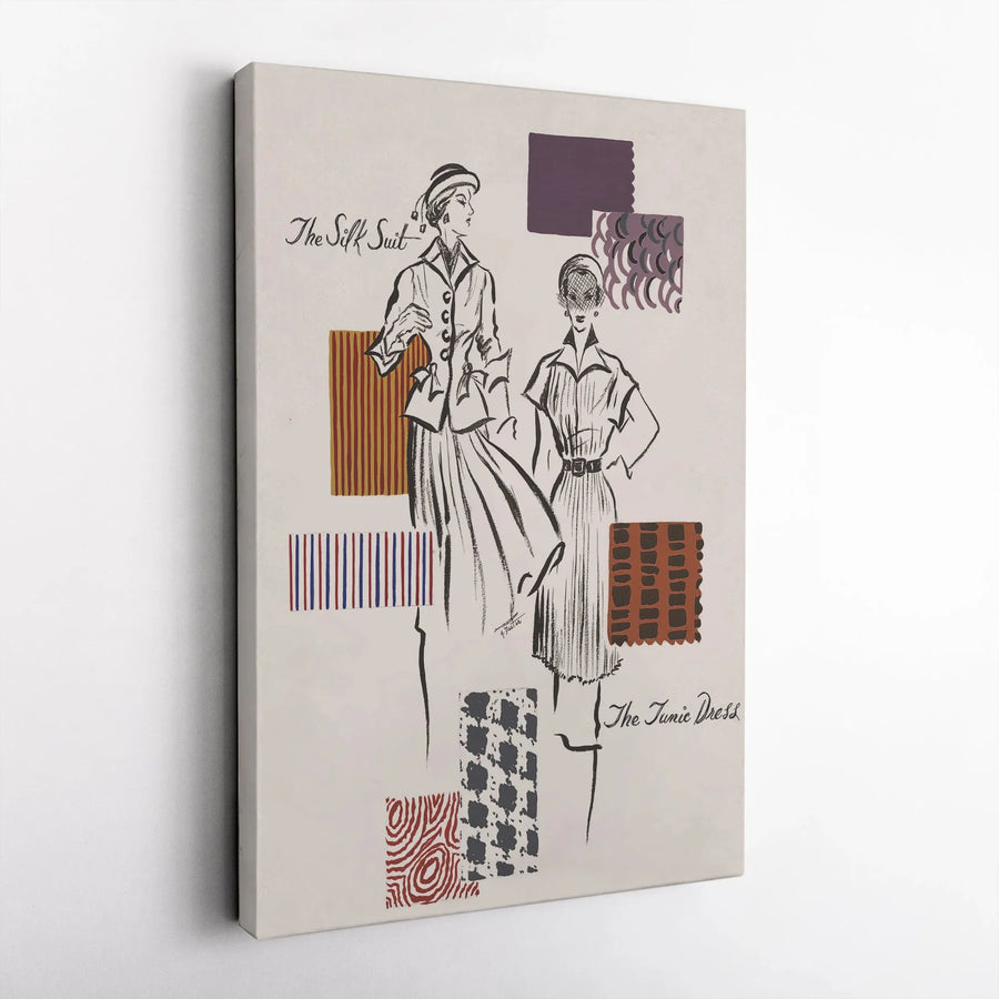 Vintage Fashion Vertical Canvas | Retro Silk Suit & Tunic Dress Sketch | Premium Gallery Wrap Canvas | Collector's Gift for Fashion Lover