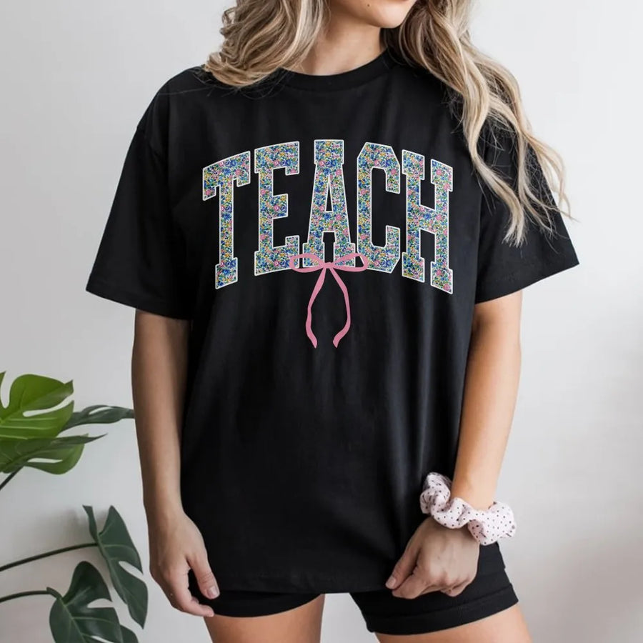 Floral Teacher T-Shirt | Cute Coquette Bow Teach Design | Premium Comfort Colors Tee | Teacher Appreciation Gift for Women