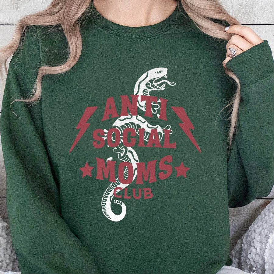 Anti Social Moms Club Sweatshirt | Snake Graphic Streetwear Style | Premium Cotton Blend | Funny Motherhood Gift for Introverted Moms