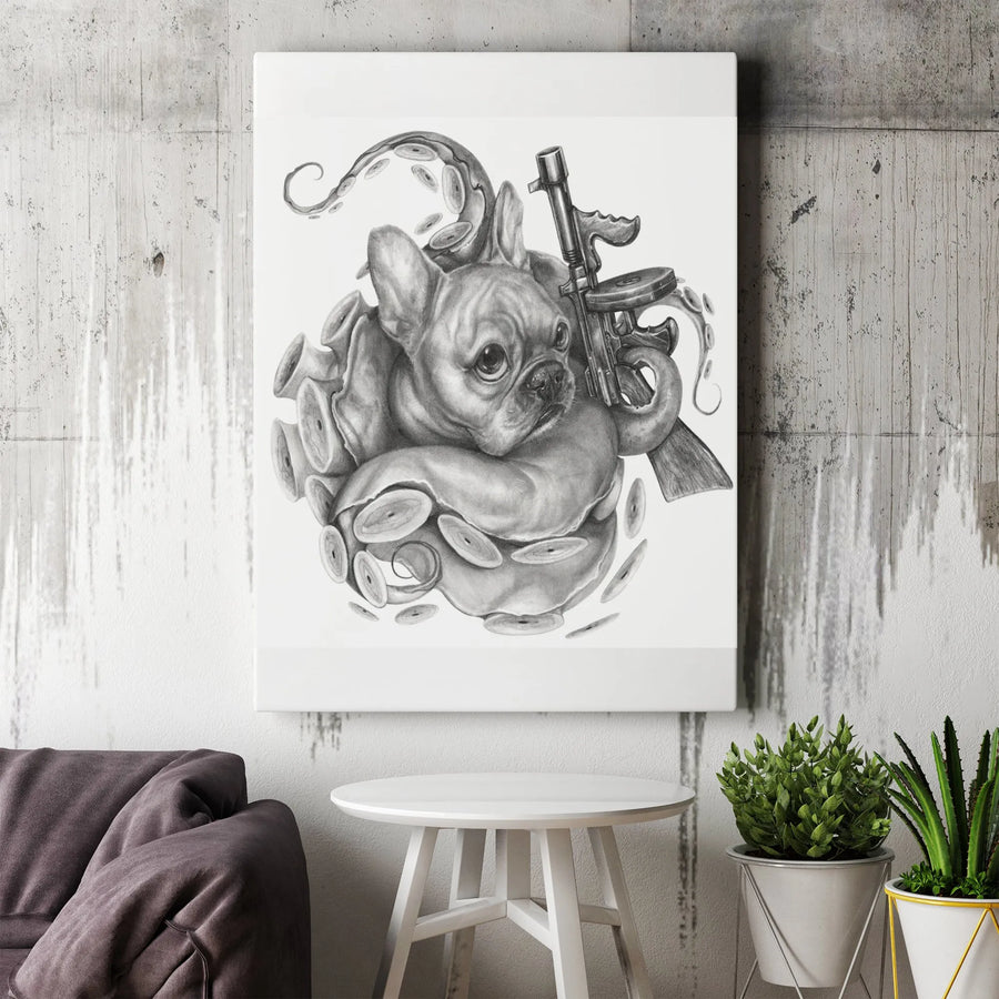 Gangster French Bulldog Vertical Canvas | Surreal Octopus Dog Pencil Sketch | Premium Gallery Wrapped Canvas | Unique Collector's Gift for Frenchie Owner