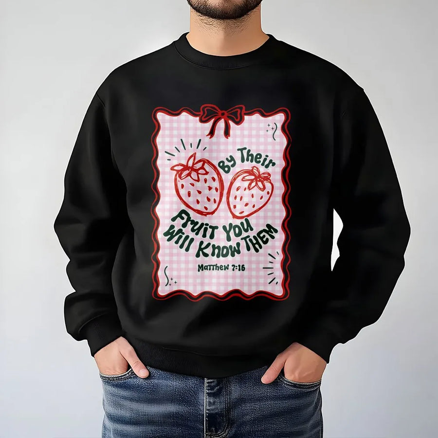 By Their Fruit You Will Know Them Sweatshirt | Cute Strawberry Christian Apparel | Soft Cotton Blend | Religious Gift for Her