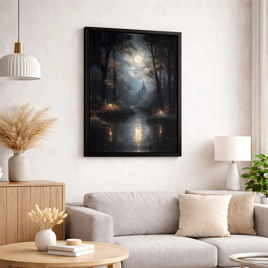 Gothic Forest River Canvas Art | Moody Full Moon & Castle Landscape | Premium Fade-Resistant Print | Dark Academia Home Decor Gift