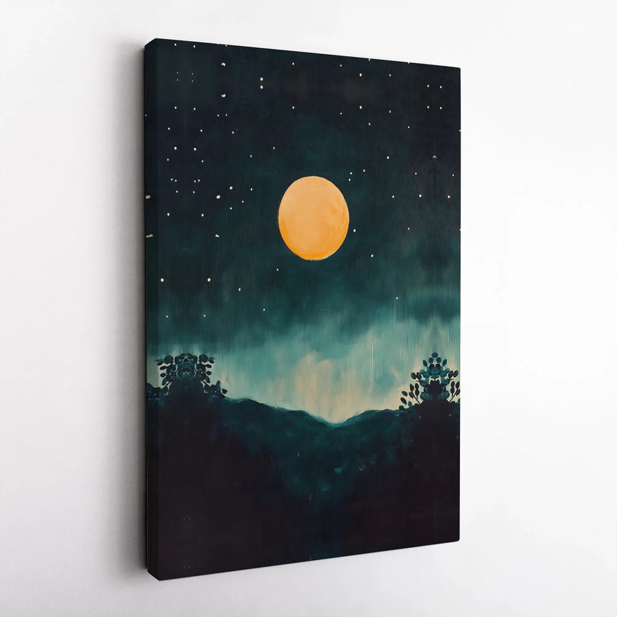 Full Moon Night Landscape Canvas | Minimalist Starry Night Wall Art | Premium Gallery-Wrap 1.25" Profile | Modern Home & Bedroom Decor Gift