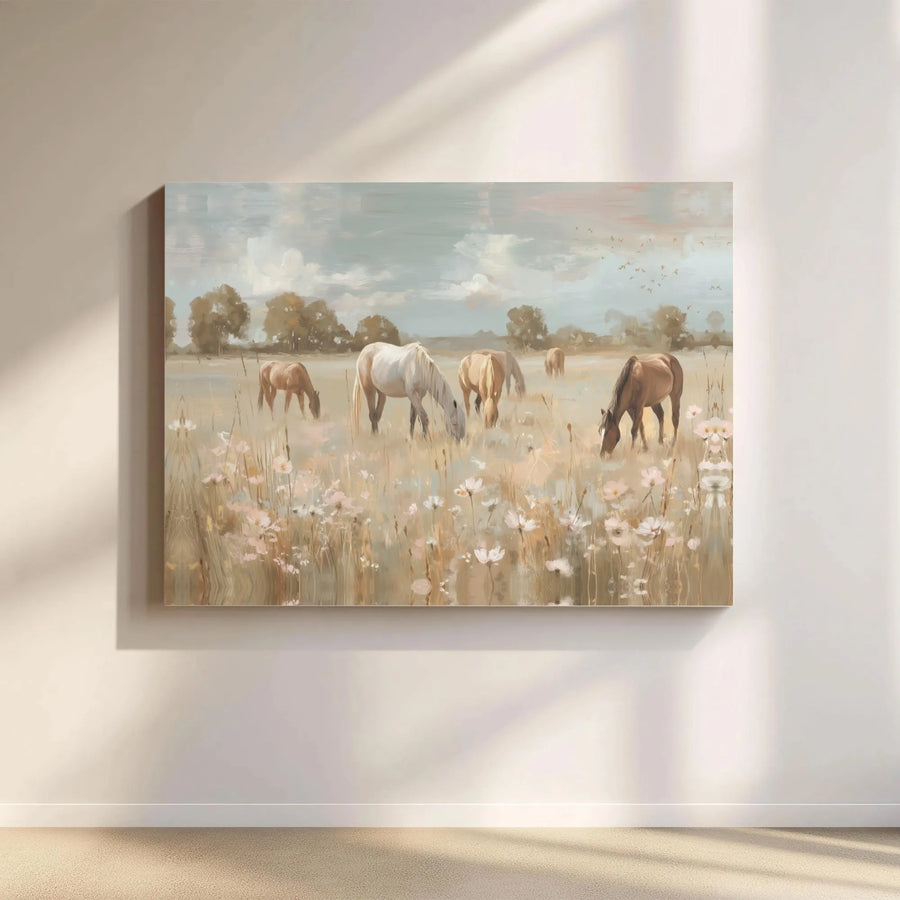 Horse Canvas Wall Art | Grazing Horses in Wildflower Meadow | Premium 1.25-Inch Gallery Wrap | Farmhouse Decor for Living Room or Bedroom