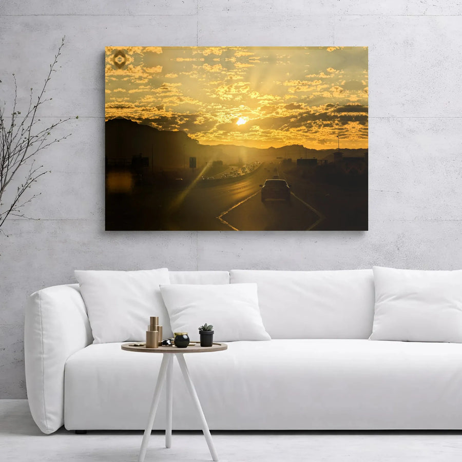 Golden Sunset Highway Canvas Print | Mountain Silhouette Road Trip Landscape | Premium Gallery Wrap Wall Art | Modern Home Decor Office Gift