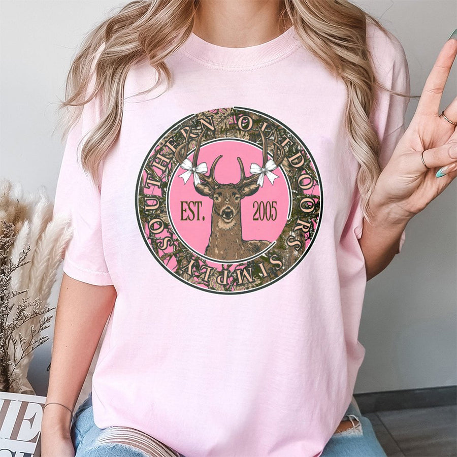 Country Deer Graphic T-Shirt | Pink Camo Bow Design | 100% Premium Cotton | Western Style Gift for Outdoorsy Women