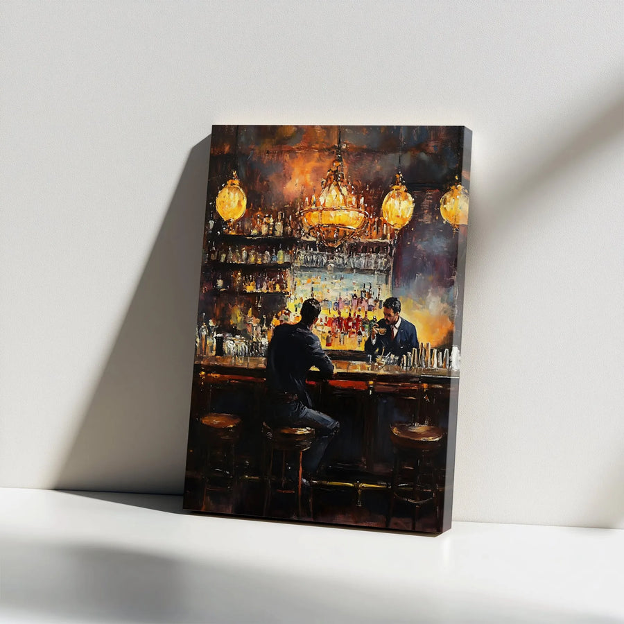 Whiskey Bar Canvas Wall Art | Impressionist Painting Print | Premium Gallery Wrap Canvas | Man Cave Decor Gift for Him