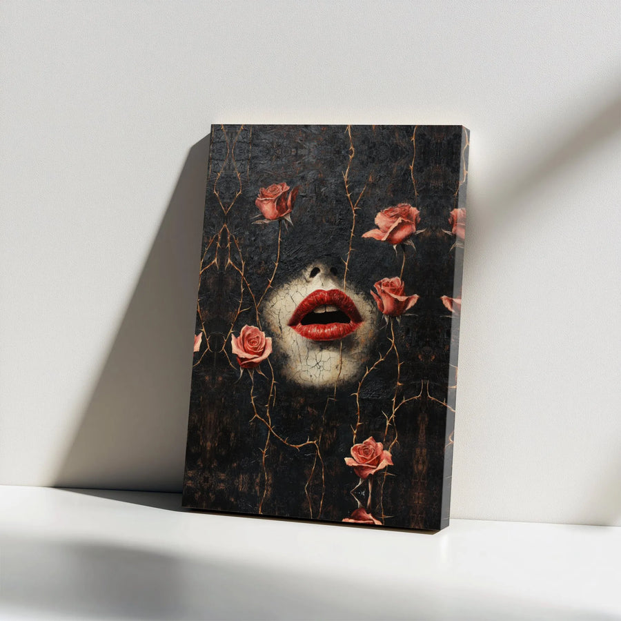 Surreal Lips Canvas Wall Art | Dark Gothic Rose Aesthetic Decor | Premium Gallery-Wrapped Print | Moody Home Decor for Living Room