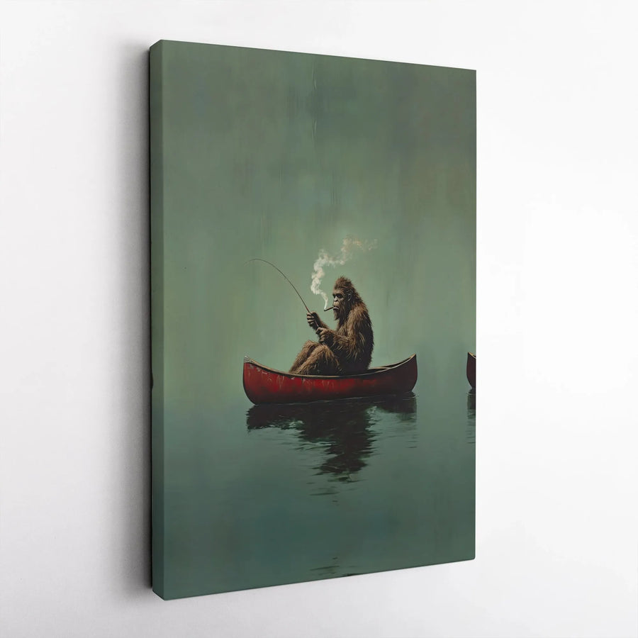 Bigfoot Fishing Wall Art | Funny Sasquatch Smoking in Red Canoe | Premium Gallery Canvas Print | Unique Cabin Decor Gift for Outdoorsman