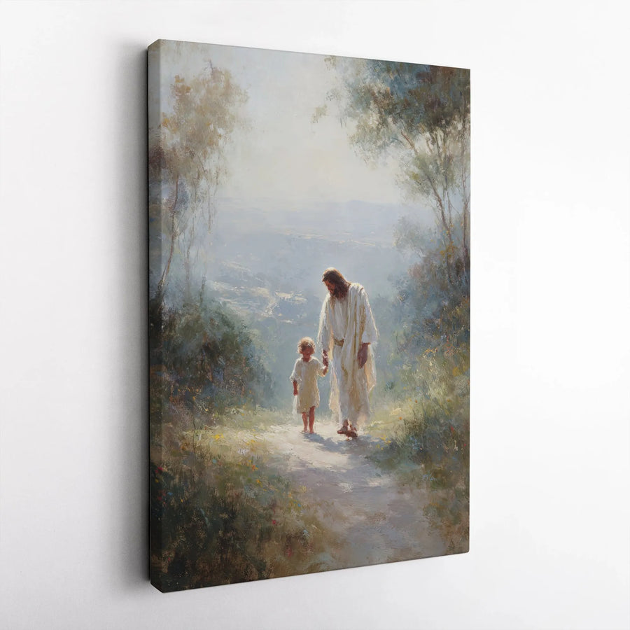 Jesus Walking With Child Canvas Art | Religious Wall Decor | Premium Fade-Resistant Print | Spiritual Gift for Home or Church