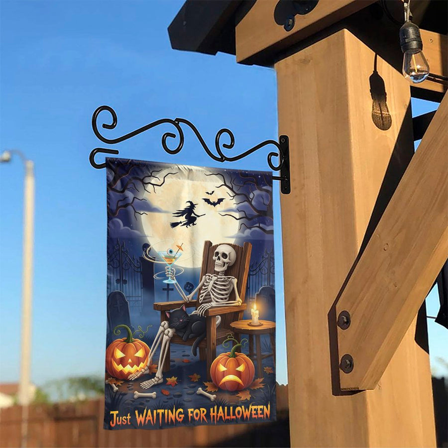 Just Waiting For Halloween Garden Flag | Funny Skeleton Pumpkin Yard Decor | Weather-Resistant Premium Polyester | Outdoor Seasonal Gift